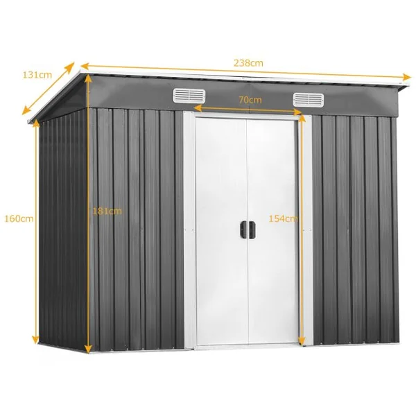 Abri de Jardin à l'Extérieur en Acier Galvanisé avec 2 Portes,4 Bouches d'Aération pour Stocker Outils 238 x 131 x 181CM Gris+Blanc