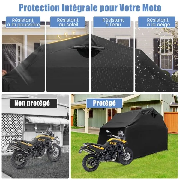 Abri de Moto Extérieur Tente Moto avec Housse en Tissu Oxford Fenêtres en Maille Enroulables Housse Moto Exterieur Étanche pour Moto Vélos Outils Noir