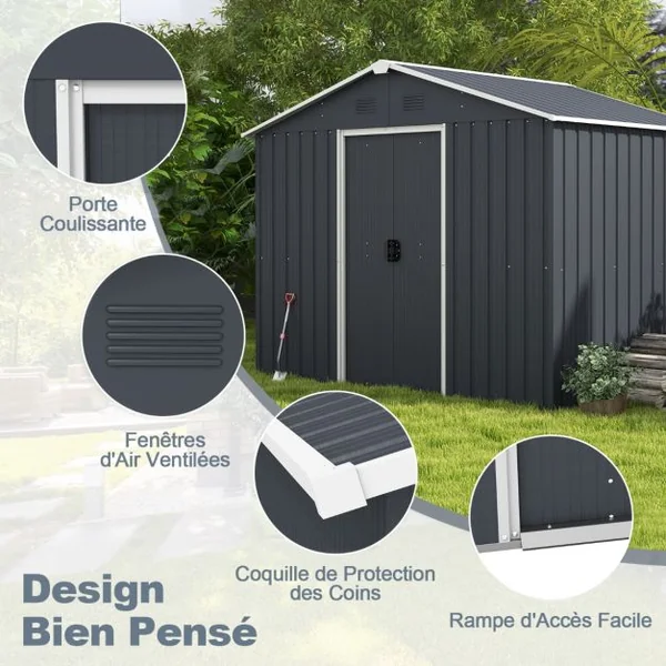 Abri de Rangement 174x236 cm Maison d'Outils à Double Porte avec Serrure Fenêtre d'Aération Conception de Rampe Organisateur d'Outils en Métal