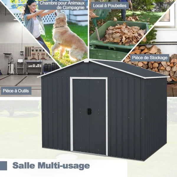 Abri de Rangement 174x236 cm Maison d'Outils à Double Porte avec Serrure Fenêtre d'Aération Conception de Rampe Organisateur d'Outils en Métal