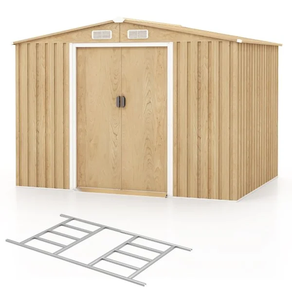 Abri de Rangement 259cm x196cm avec Base de Fondation Maison à Outils en Métal Galvanisé avec 4 Aérations Imperméable et Coupe-vent Naturel