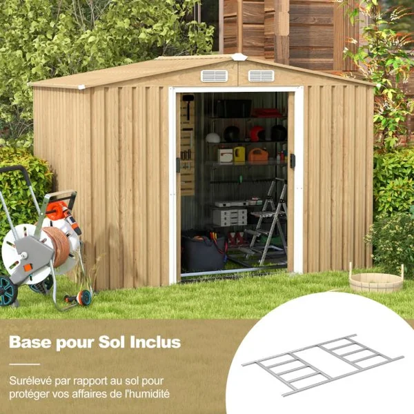Abri de Rangement 259cm x196cm avec Base de Fondation Maison à Outils en Métal Galvanisé avec 4 Aérations Imperméable et Coupe-vent Naturel