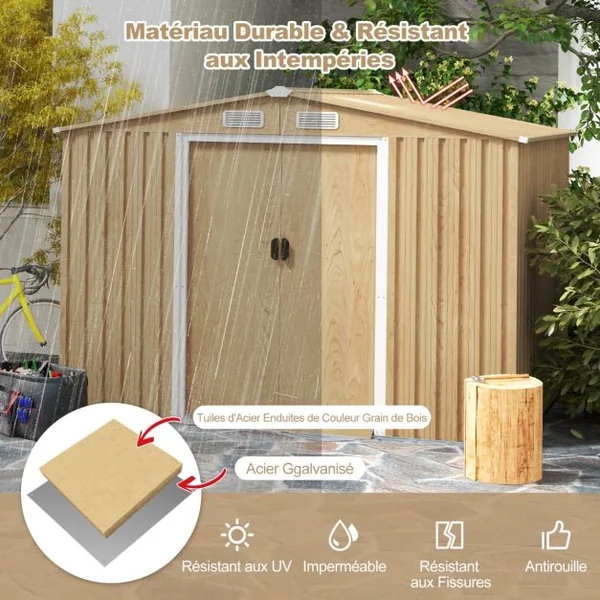 Abri de Rangement 259cm x196cm avec Base de Fondation Maison à Outils en Métal Galvanisé avec 4 Aérations Imperméable et Coupe-vent Naturel