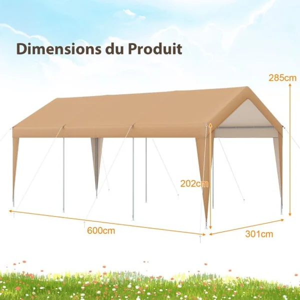 Abri de Voiture 301 x 600 cm Cadre en Métal Galvanisé Tente de Garage Portable avec Bâche Toutes Saisons Tente de Voiture pour Camions Bateaux