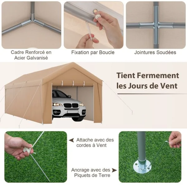 Abri de Voiture 301 x 600 cm Cadre en Métal Galvanisé Tente de Garage Portable avec Paroi Latérale Amovible