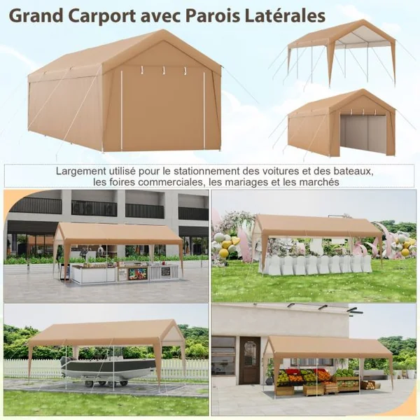 Abri de Voiture 301 x 600 cm Cadre en Métal Galvanisé Tente de Garage Portable avec Paroi Latérale Amovible