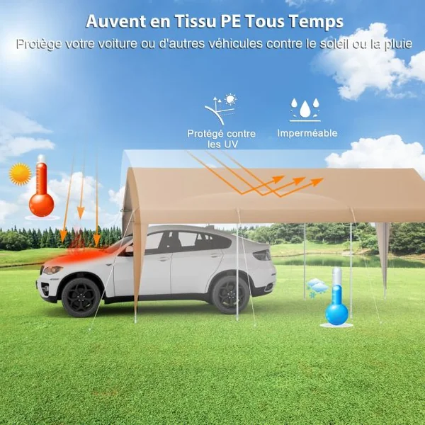 Abri de Voiture 301 x 600 cm Cadre en Métal Galvanisé Tente de Garage Portable avec Paroi Latérale Amovible