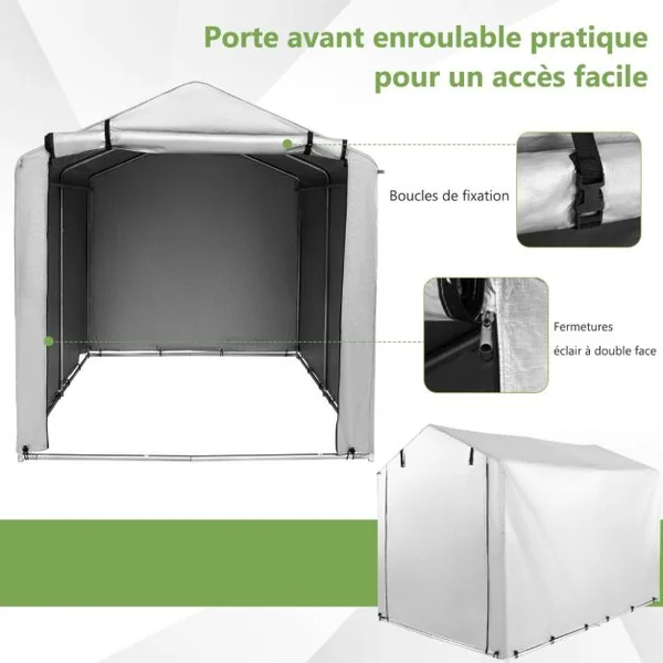 Abri de Vélos Extérieur Abri de Garage Portable pour Vélos avec Porte à Fermeture Éclair Enroulable Bache Motos Gris
