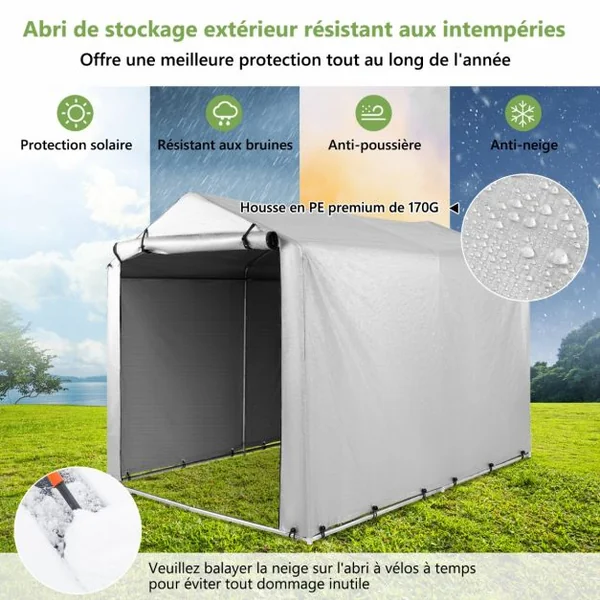 Abri de Vélos Extérieur Abri de Garage Portable pour Vélos avec Porte à Fermeture Éclair Enroulable Bache Motos Gris
