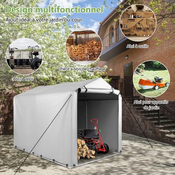 Abri de Vélos Extérieur Abri de Garage Portable pour Vélos avec Porte à Fermeture Éclair Enroulable Bache Motos Gris
