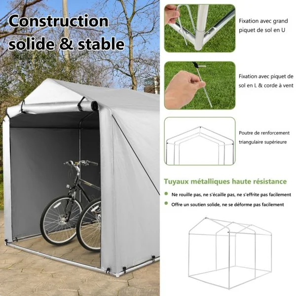 Abri de Vélos Extérieur Abri de Garage Portable pour Vélos avec Porte à Fermeture Éclair Enroulable Bache Motos Gris