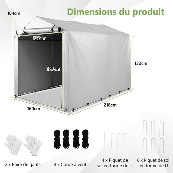 Abri de Vélos Extérieur Abri de Garage Portable pour Vélos avec Porte à Fermeture Éclair Enroulable Bache Motos Gris