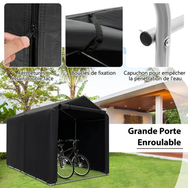 Abri de Vélos Extérieur Abri de Garage Portable pour Vélos avec Porte à Fermeture Éclair Enroulable Bache Motos pour Terrasse Jardin Cour Gris Foncé