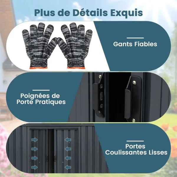 Abri à Outils de 193 x 129 x 196 cm Abri de Jardin avec Toit en Pente Portes Coulissantes Aérations Cadre en Métal Galvanisé Gris