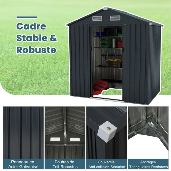 Abri à Outils de 193 x 129 x 196 cm Abri de Jardin avec Toit en Pente Portes Coulissantes Aérations Cadre en Métal Galvanisé Gris