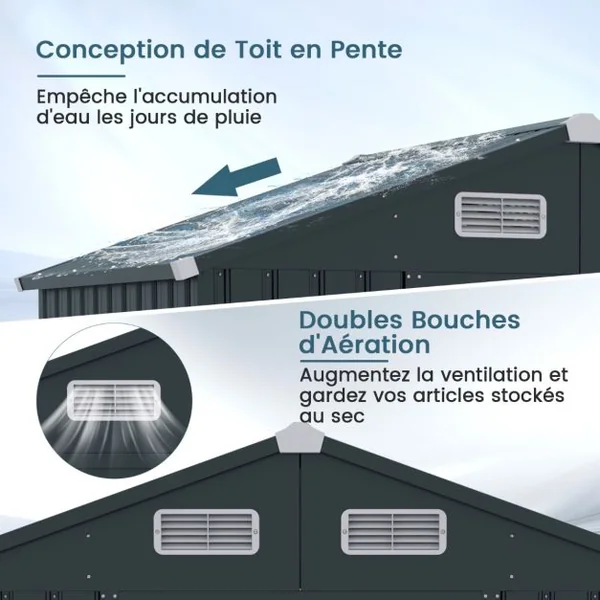 Abri à Outils de 193 x 129 x 196 cm Abri de Jardin avec Toit en Pente Portes Coulissantes Aérations Cadre en Métal Galvanisé Gris