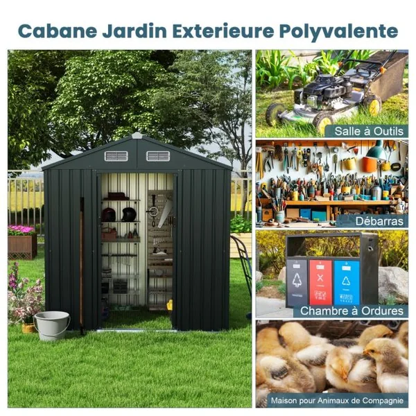 Abri à Outils de 193 x 129 x 196 cm Abri de Jardin avec Toit en Pente Portes Coulissantes Aérations Cadre en Métal Galvanisé Gris