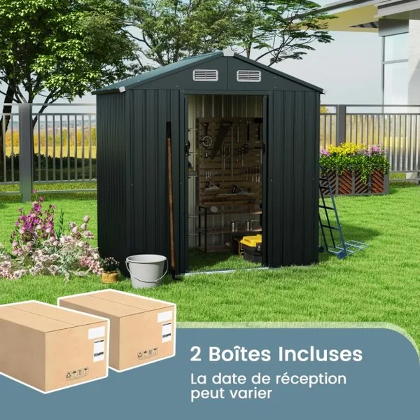 Abri à Outils de 193 x 129 x 196 cm Abri de Jardin avec Toit en Pente Portes Coulissantes Aérations Cadre en Métal Galvanisé Gris