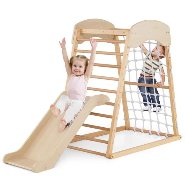 Aire de Jeux 6 en 1 en Bois avec Rampe Double Face Barres de Singe Filet d'Escalade Ensemble de Jeu d'Escalade Montessori Intérieur Naturel/Multicolore