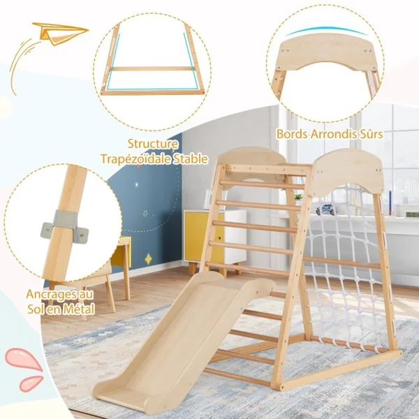 Aire de Jeux 6 en 1 en Bois avec Rampe Double Face Barres de Singe Filet d'Escalade Ensemble de Jeu d'Escalade Montessori Intérieur Naturel/Multicolore