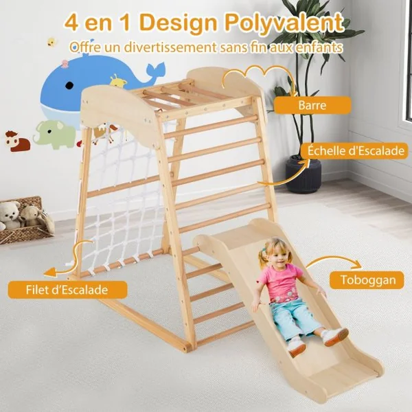 Aire de Jeux 6 en 1 en Bois avec Rampe Double Face Barres de Singe Filet d'Escalade Ensemble de Jeu d'Escalade Montessori Intérieur Naturel/Multicolore