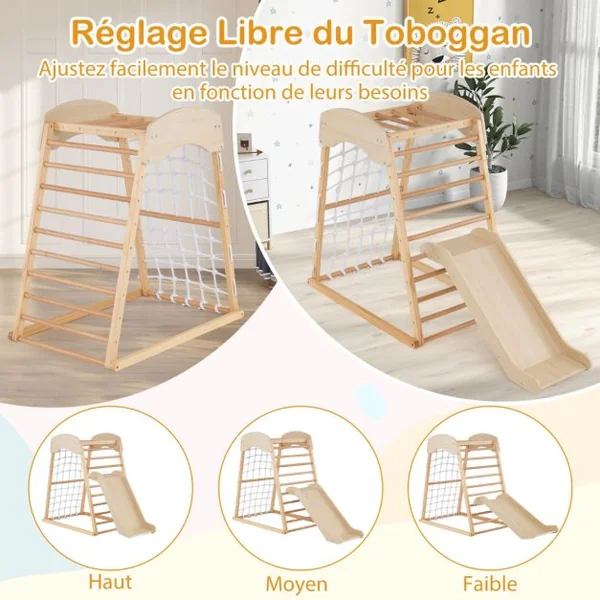 Aire de Jeux 6 en 1 en Bois avec Rampe Double Face Barres de Singe Filet d'Escalade Ensemble de Jeu d'Escalade Montessori Intérieur Naturel/Multicolore
