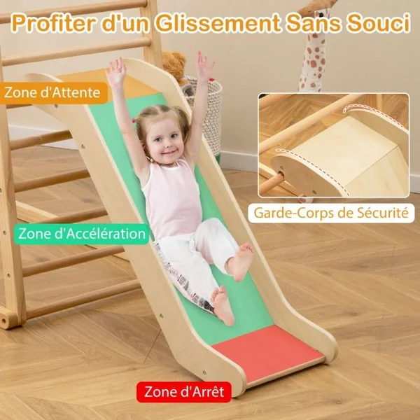 Aire de Jeux 6 en 1 en Bois avec Rampe Double Face Barres de Singe Filet d'Escalade Ensemble de Jeu d'Escalade Montessori Intérieur Naturel/Multicolore