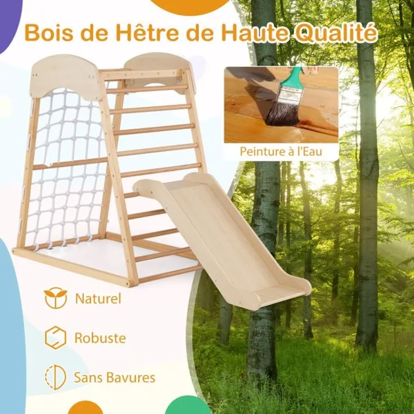 Aire de Jeux 6 en 1 en Bois avec Rampe Double Face Barres de Singe Filet d'Escalade Ensemble de Jeu d'Escalade Montessori Intérieur Naturel/Multicolore