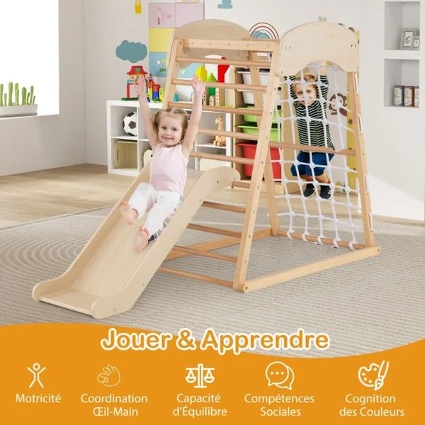 Aire de Jeux 6 en 1 en Bois avec Rampe Double Face Barres de Singe Filet d'Escalade Ensemble de Jeu d'Escalade Montessori Intérieur Naturel/Multicolore