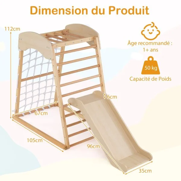 Aire de Jeux 6 en 1 en Bois avec Rampe Double Face Barres de Singe Filet d'Escalade Ensemble de Jeu d'Escalade Montessori Intérieur Naturel/Multicolore