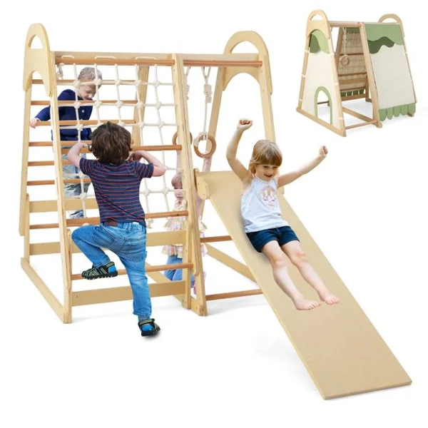 Aire de Jeux 6 en 1 pour Enfants en Bois avec Toboggan Ensemble de Jeux d’Escalade Charge 120kg 1 An+