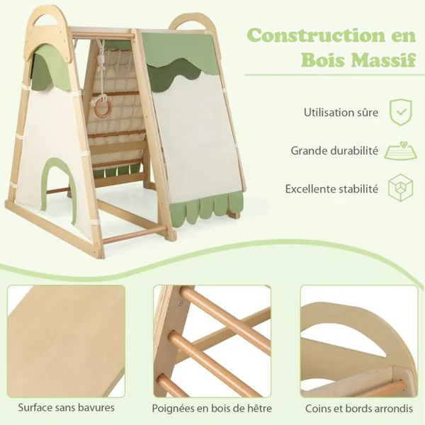 Aire de Jeux 6 en 1 pour Enfants en Bois avec Toboggan Ensemble de Jeux d’Escalade Charge 120kg 1 An+