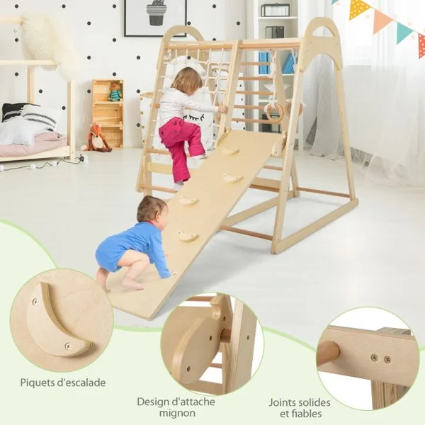 Aire de Jeux 6 en 1 pour Enfants en Bois avec Toboggan Ensemble de Jeux d’Escalade Charge 120kg 1 An+
