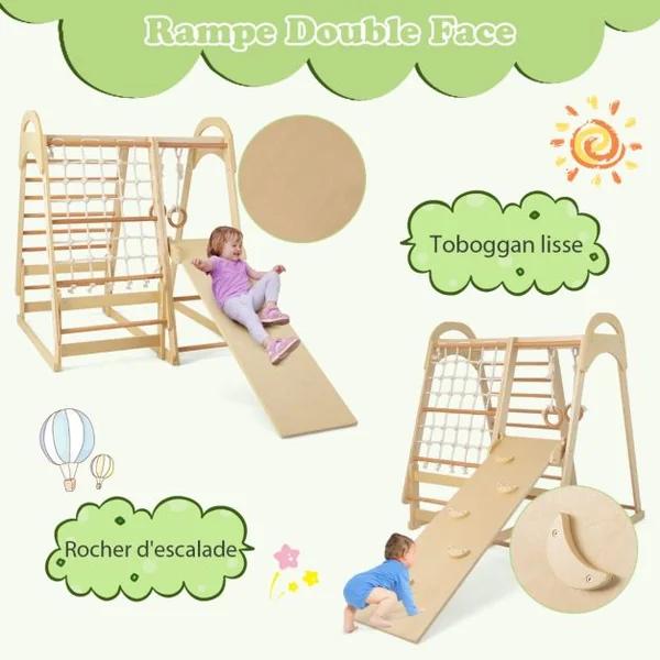 Aire de Jeux 6 en 1 pour Enfants en Bois avec Toboggan Ensemble de Jeux d’Escalade Charge 120kg 1 An+