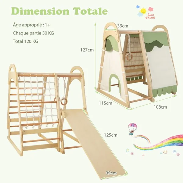Aire de Jeux 6 en 1 pour Enfants en Bois avec Toboggan Ensemble de Jeux d’Escalade Charge 120kg 1 An+