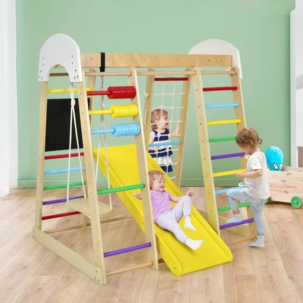 Aire de Jeux Bois avec Balançoire Toboggan et Échelle Enfant à partir de 3 Ans Multicolore