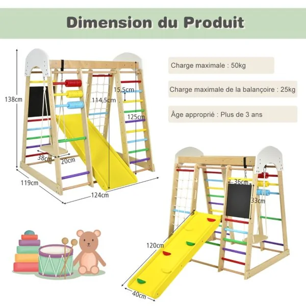 Aire de Jeux Bois avec Balançoire Toboggan et Échelle Enfant à partir de 3 Ans Multicolore