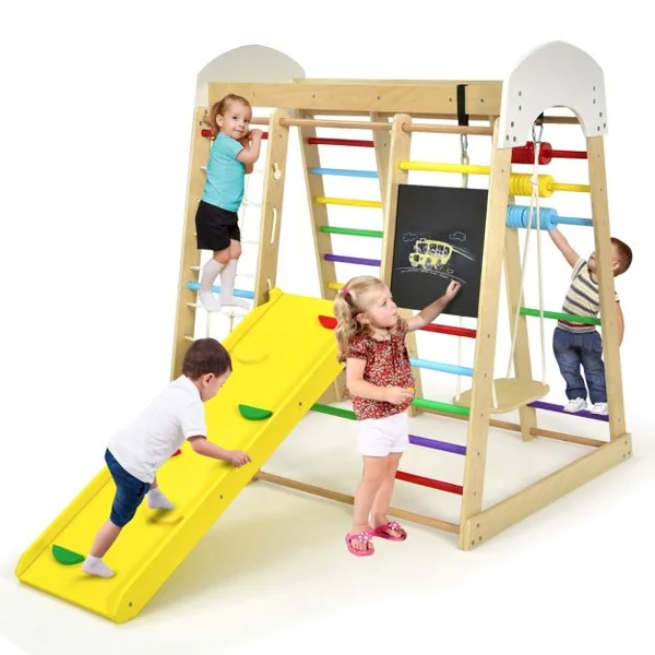 Aire de Jeux Bois avec Balançoire Toboggan et Échelle Enfant à partir de 3 Ans Multicolore