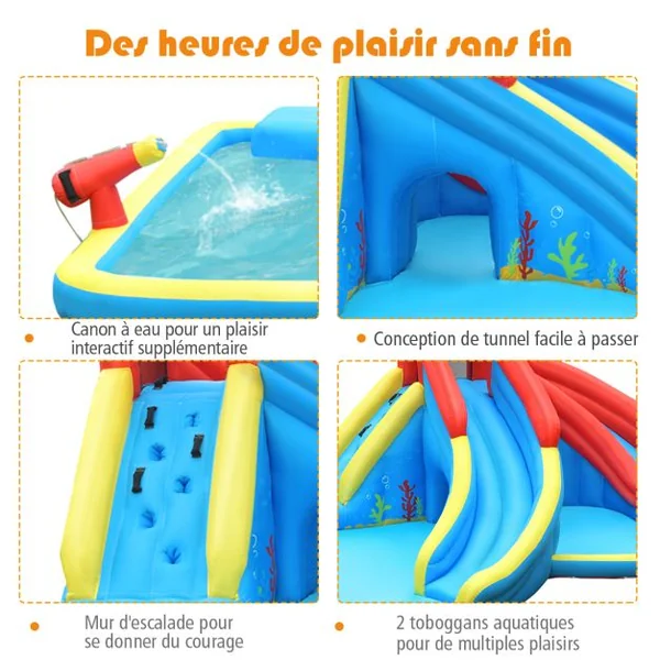 Aire de Jeux Gonflable avec 2 Toboggans 2 Pataugeoires 2 Canons Sac Kit de Réparation Formes de Crabe sans Gonfleur