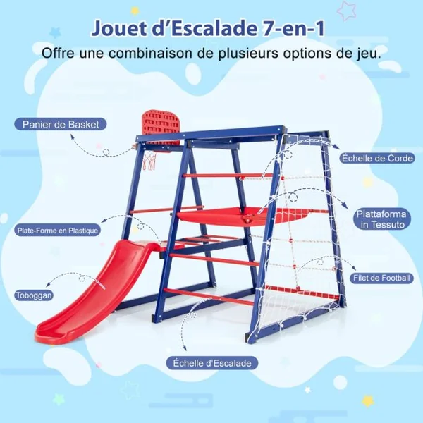 Aire de Jeux Intérieure 7 en 1 pour Enfants de 3 à 7 Ans Jouets d'Escalade pour Tout-petits avec Toboggan Filet d'Escalade Echelle