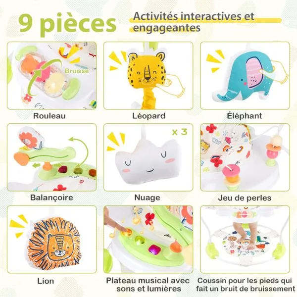 Aire d'Éveil à Rebonds Bébé avec 3 Hauteurs Réglables Trotteur Bébé avec Musique & Lumière Siège Rotatif 360° pour Bébé de 6 Mois+ Jaune/Bleu/Bleu Foncé