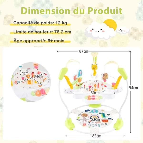 Aire d'Éveil à Rebonds Bébé avec 3 Hauteurs Réglables Trotteur Bébé avec Musique & Lumière Siège Rotatif 360° pour Bébé de 6 Mois+ Jaune/Bleu/Bleu Foncé