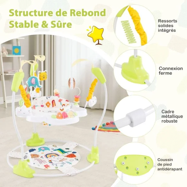 Aire d'Éveil à Rebonds Bébé avec 3 Hauteurs Réglables Trotteur Bébé avec Musique & Lumière Siège Rotatif 360° pour Bébé de 6 Mois+ Jaune/Bleu/Bleu Foncé