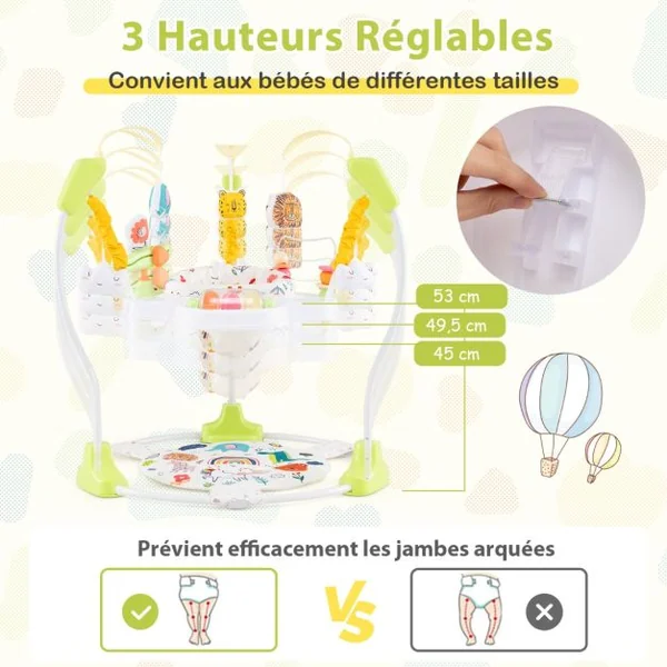 Aire d'Éveil à Rebonds Bébé avec 3 Hauteurs Réglables Trotteur Bébé avec Musique & Lumière Siège Rotatif 360° pour Bébé de 6 Mois+ Jaune/Bleu/Bleu Foncé