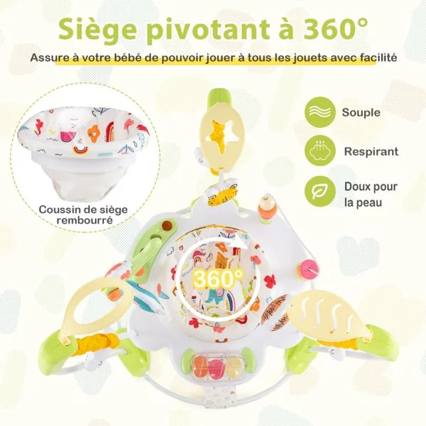 Aire d'Éveil à Rebonds Bébé avec 3 Hauteurs Réglables Trotteur Bébé avec Musique & Lumière Siège Rotatif 360° pour Bébé de 6 Mois+ Jaune/Bleu/Bleu Foncé