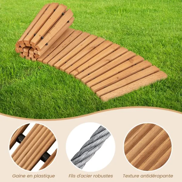 Allée Courbée de Jardin en Bois de Sapin Promenade avec Surface Antidérapante Fils Métalliques avec Gaine en Plastique 216 x 53 cm Naturel