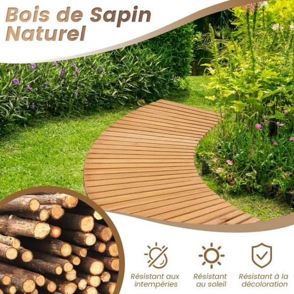 Allée Courbée de Jardin en Bois de Sapin Promenade avec Surface Antidérapante Fils Métalliques avec Gaine en Plastique 216 x 53 cm Naturel