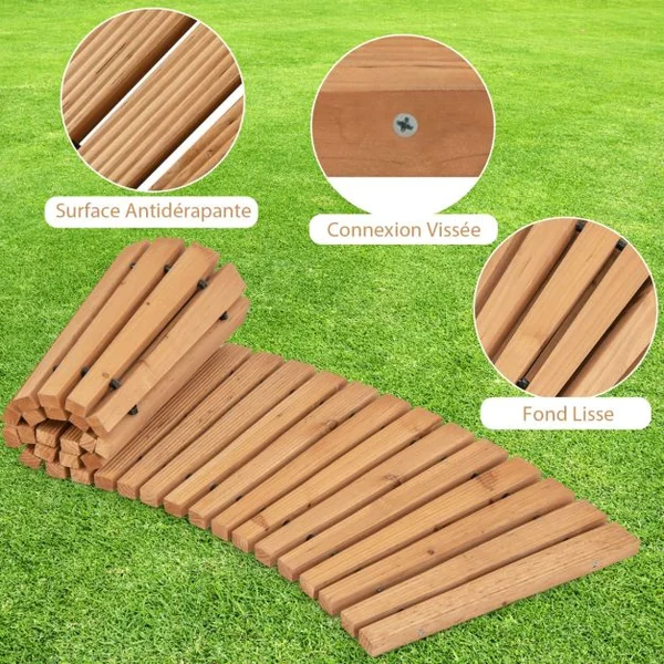 Allée Courbée de Jardin en Bois Promenade Décorative avec Surface Antidérapante Fils Métalliques avec Gaine en Plastique 216 x 43 cm Naturel