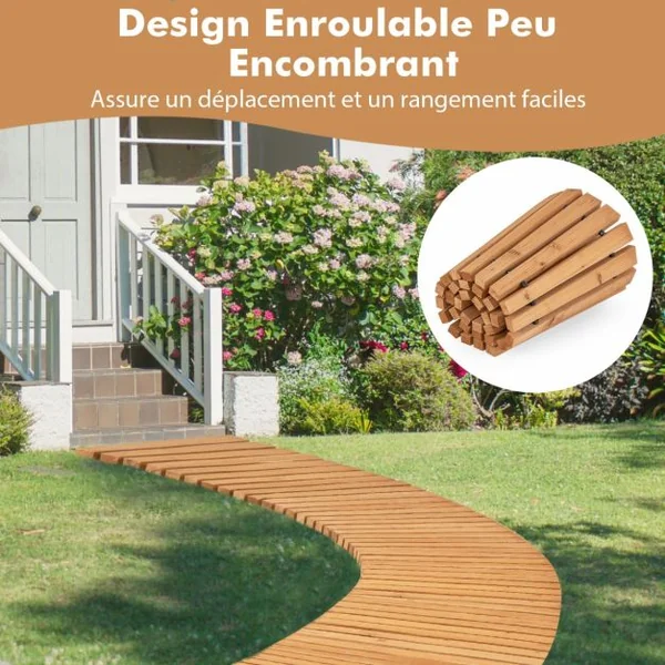 Allée Courbée de Jardin en Bois Promenade Décorative avec Surface Antidérapante Fils Métalliques avec Gaine en Plastique 216 x 43 cm Naturel