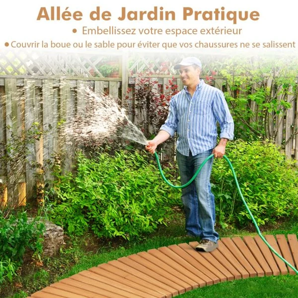 Allée Courbée de Jardin en Bois Promenade Décorative avec Surface Antidérapante Fils Métalliques avec Gaine en Plastique 216 x 43 cm Naturel